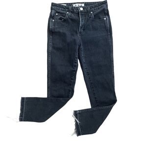 AMO Babe High Rise Ankle Jeans Black Jett Wash Button Fly Raw Hem Size 26